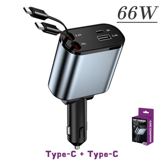 120/66W 4 in 1 Retractable Car Charger Mobile Phone USB PD Type C Cable for Iphone Fast Charge Cord Cigarette Lighter QC Adapter